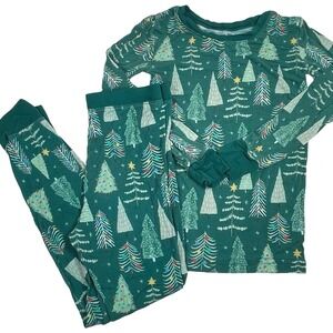 Little Sleepies Pajamas Christmas Trees Kids 5/6 Green Bamboo Viscose Set